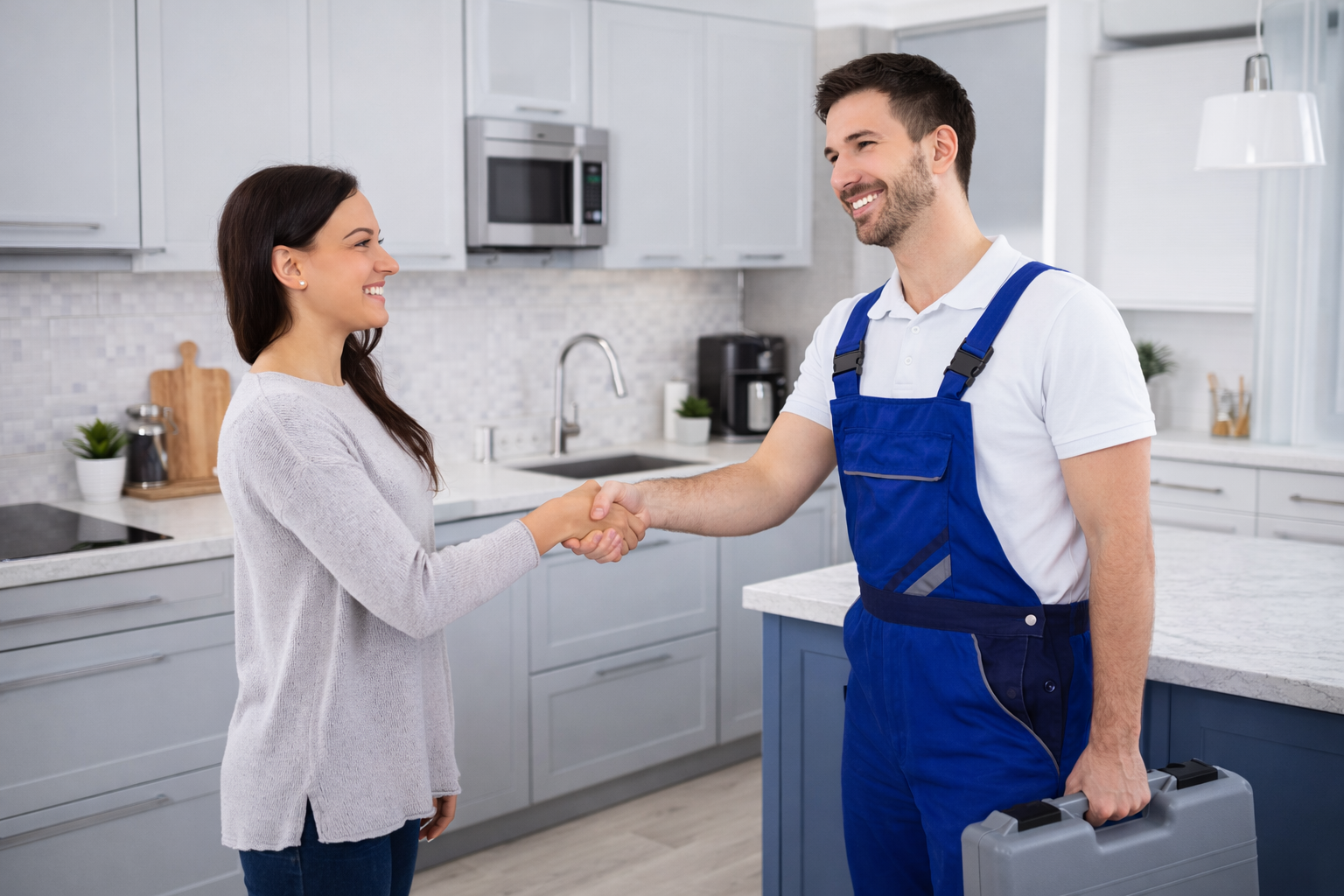 Müşteriyle görüşen beyaz eşya teknik servis uzmanı